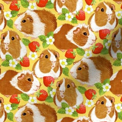 The Sweetest Guinea Pigs with Summer Strawberries on Yellow Linen Small