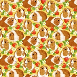 The Sweetest Guinea Pigs with Summer Strawberries on Yellow Linen Extra Small