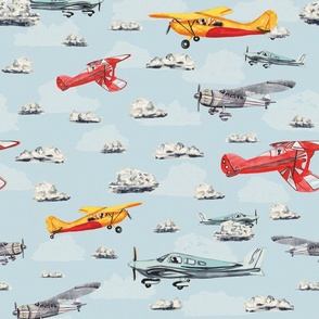 Retro Antique Red Yellow Planes Puffy White Clouds and Blue Skies linen canvas texture large / big scale