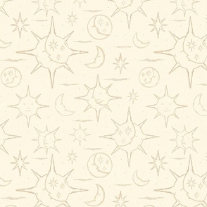 dancing sky - line style combinations of moon, stars and sun - beige background