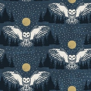 Soaring Snowy Owl in Moonlit Sky - Navy Blue, Medium Scale