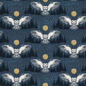 Soaring Snowy Owl in Moonlit Sky - Navy Blue, Large Scale