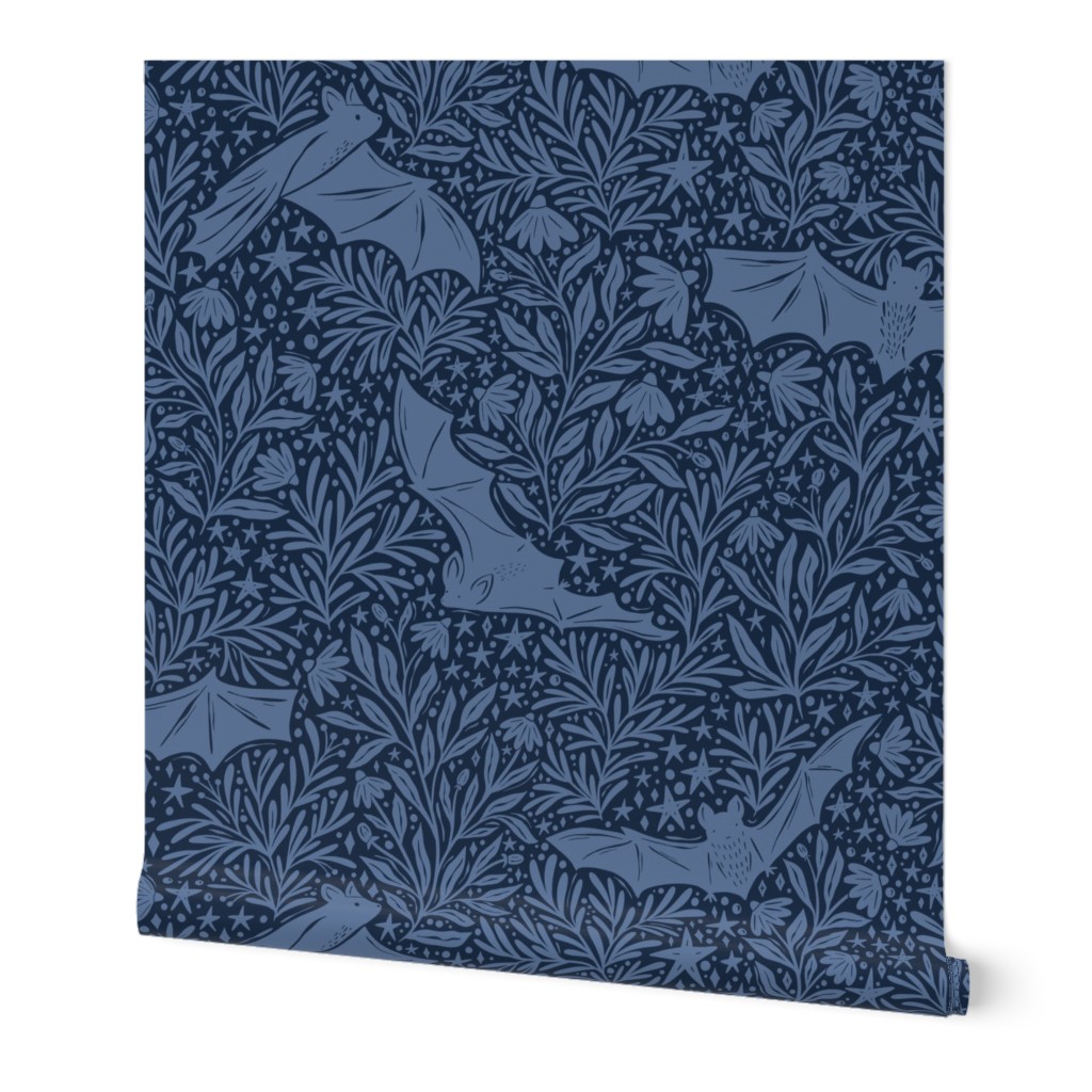 Night Sky Bats and Blooms - stars, leaves, and flowers - dark blue - large