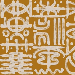 artistic brushstroke worldly tribal symbols dark gold goldenrod brown tan