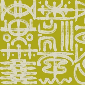 artistic brushstroke worldly tribal symbols lime leaf green citrine tan
