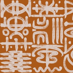 artistic brushstroke worldly tribal symbols dark orange ochre 