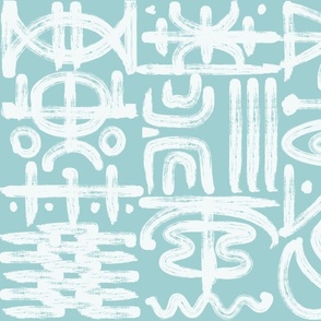 artistic brushstroke worldly tribal symbols turquoise blue white