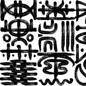 artistic brushstroke worldly tribal symbols black and white