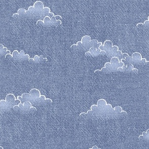 Chambray Cotton Clouds in Stonewash Blue (large scale) | Hand drawn, summer clouds on natural cotton, chambray pattern, warp and weft weave pattern, sky with clouds on stonewash denim blue.