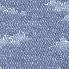 Chambray Cotton Clouds in Stonewash Blue (xl scale) | Hand drawn, summer clouds on natural cotton, chambray pattern, warp and weft weave pattern, sky with clouds on stonewash denim blue.