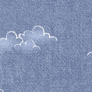 Chambray Cotton Clouds in Stonewash Blue (xxl scale) | Hand drawn, summer clouds on natural cotton, chambray pattern, warp and weft weave pattern, sky with clouds on stonewash denim blue.