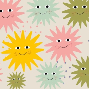 Happy, maximalist suns in retro-pastel colors on a beige background 