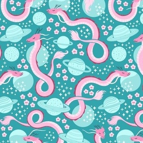 Dreamy Serpent Dragons in Space | Small Scale | Pink Teal & Aqua