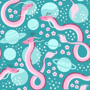 Dreamy Serpent Dragons in Space | Large Scale | Pink Teal & Aqua
