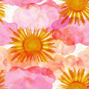 Colorful clouds and rectangular suns - watercolor painted layered sky | pink, yellow gold | jumbo - oversized - huge sun.