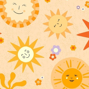 Retro Sunny faces, sun face - groovy sky, yellow, jumbo scale