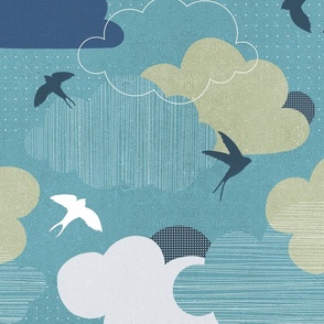 Swallow Dance in the Sky 2. Muted teal  #birds #sky #swallows #clouds #texture #midcentury