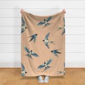 Large - Swallows In The Sky - Linen Texture on Peach with Cloud Lines