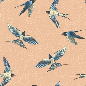 Large - Swallows In The Sky - Linen Texture on Peach with Cloud Lines