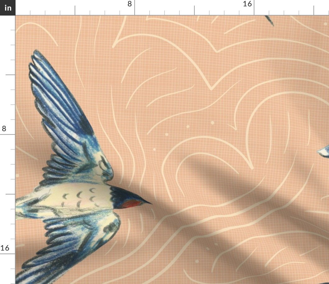 Large - Swallows In The Sky - Linen Texture on Peach with Cloud Lines