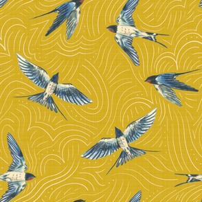 Large - Swallows In The Sky - Linen Texture on Mustard with Cloud Lines