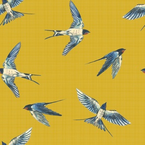 Large - Swallows In The Sky - Linen Mustard Plain Background