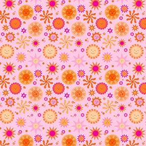 Retro Sun faces, sun face - sunny groovy sky, orange and pink