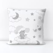 Baby Elephant Moon Clouds Stars Nursery Gray