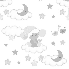 Baby Elephant Moon Clouds Stars Nursery Gray