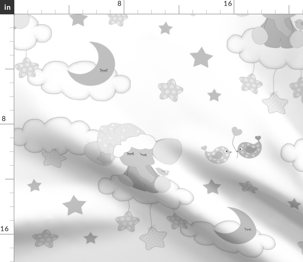 Baby Elephant Moon Clouds Stars Nursery Gray