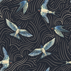Large - Swallows In The Sky - Navy with Cloud Lines