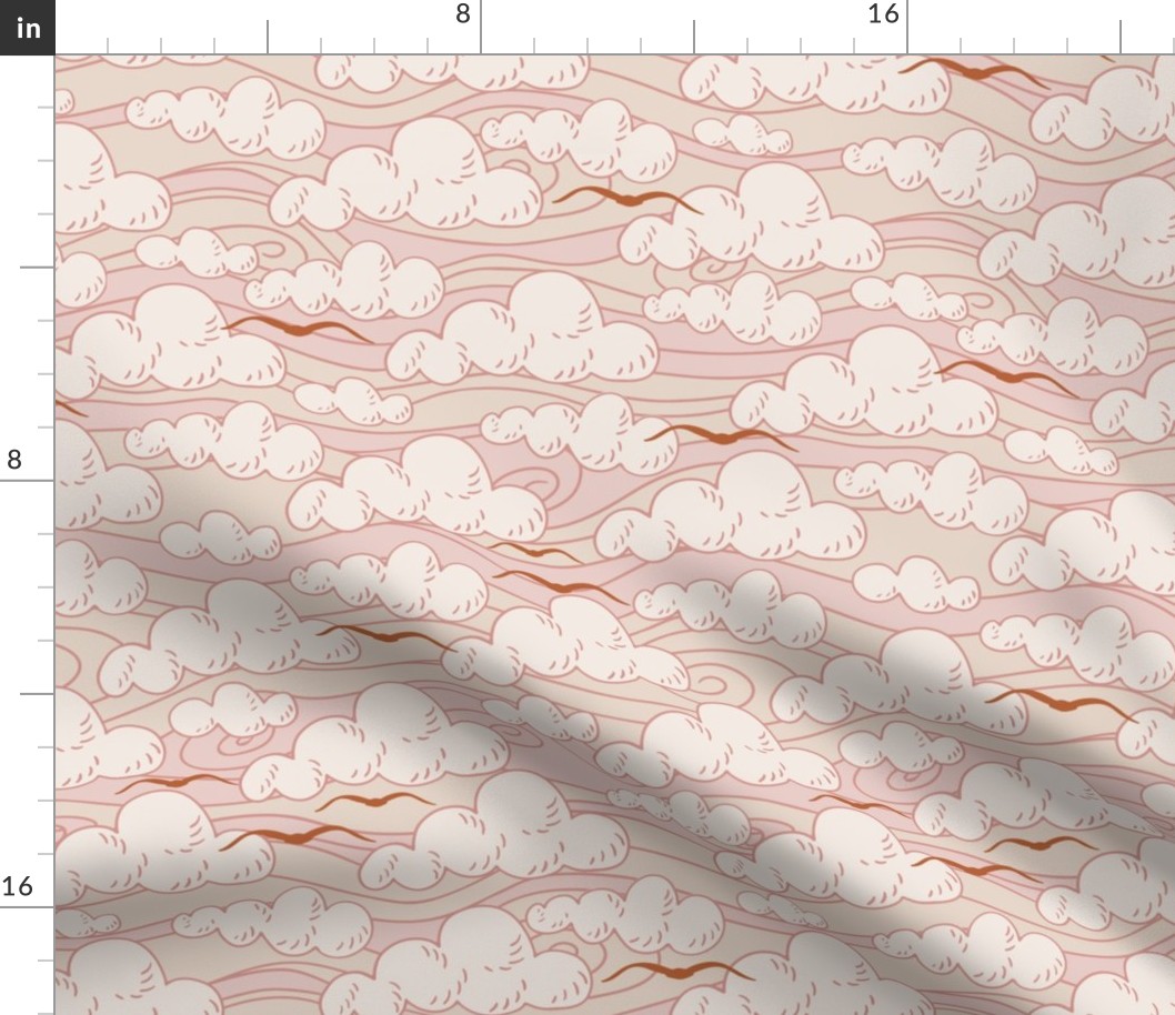 Fly Away -Medium -  Pink - Skies Above Bedding - clouds, birds, wind