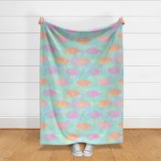 Dreamy watercolor clouds mosaic - The Skies Above Bedding Design Challenge - pink orange blue teal turquoise yellow and purplw cloudy sky with stars