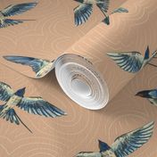 Medium - Swallows In The Sky - Linen Texture on Peach with Cloud Lines