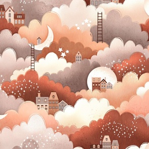 Cloud town, clouds, stars and houses in warm boho Colors, large scale