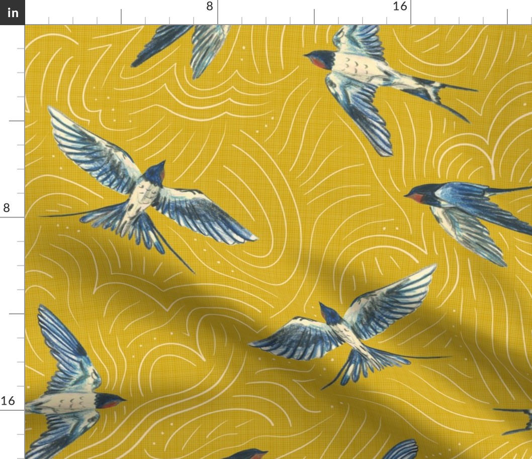 Medium - Swallows In The Sky - Linen Texture on Mustard with Cloud Lines