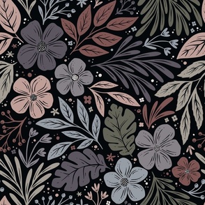 Dark and Moody Floral - multi - blush pink, sage green, dusky lavender on black - medium large scale