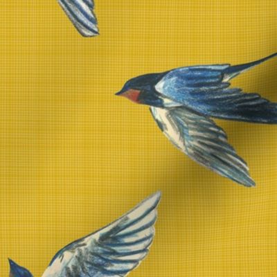 Medium - Swallows In The Sky - Linen Mustard Plain Background