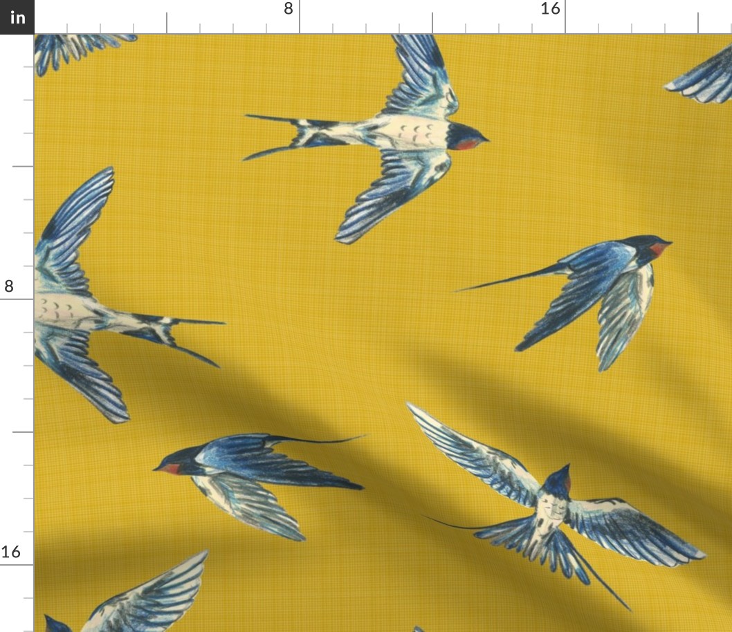 Medium - Swallows In The Sky - Linen Mustard Plain Background