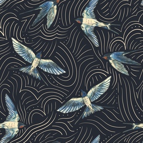 Medium - Swallows In The Sky - Navy with Cloud Lines