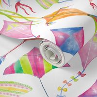 Go fly a kite! Watercolor colorful kites on a bright white background.