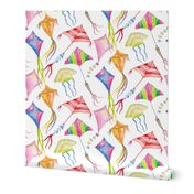 Go fly a kite! Watercolor colorful kites on a bright white background.