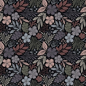 Dark and Moody floral - multi - blush pink, sage green, dusky lavender on black - smaller scale