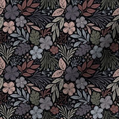 Dark and Moody Floral - multi - blush pink, sage green, dusky lavender on black - small micro scale