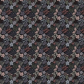 Dark and Moody Floral - multi - blush pink, sage green, dusky lavender on black - small micro scale