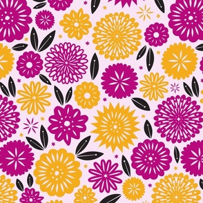 Wild Blooms Block-Print Flowers - Pink Background
