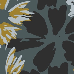 Desert Flutter Butterfly Floral - Large Scale Gray, Teal and Yellow