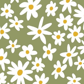 Wild Daisies Pattern in Green Playful boho daisies on green background // Large 