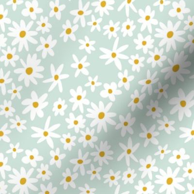 Wild Daisies Pattern in Sky Blue Playful boho daisies with golden centers on blue background 