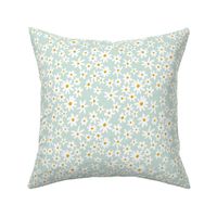 Wild Daisies Pattern in Sky Blue Playful boho daisies with golden centers on blue background 